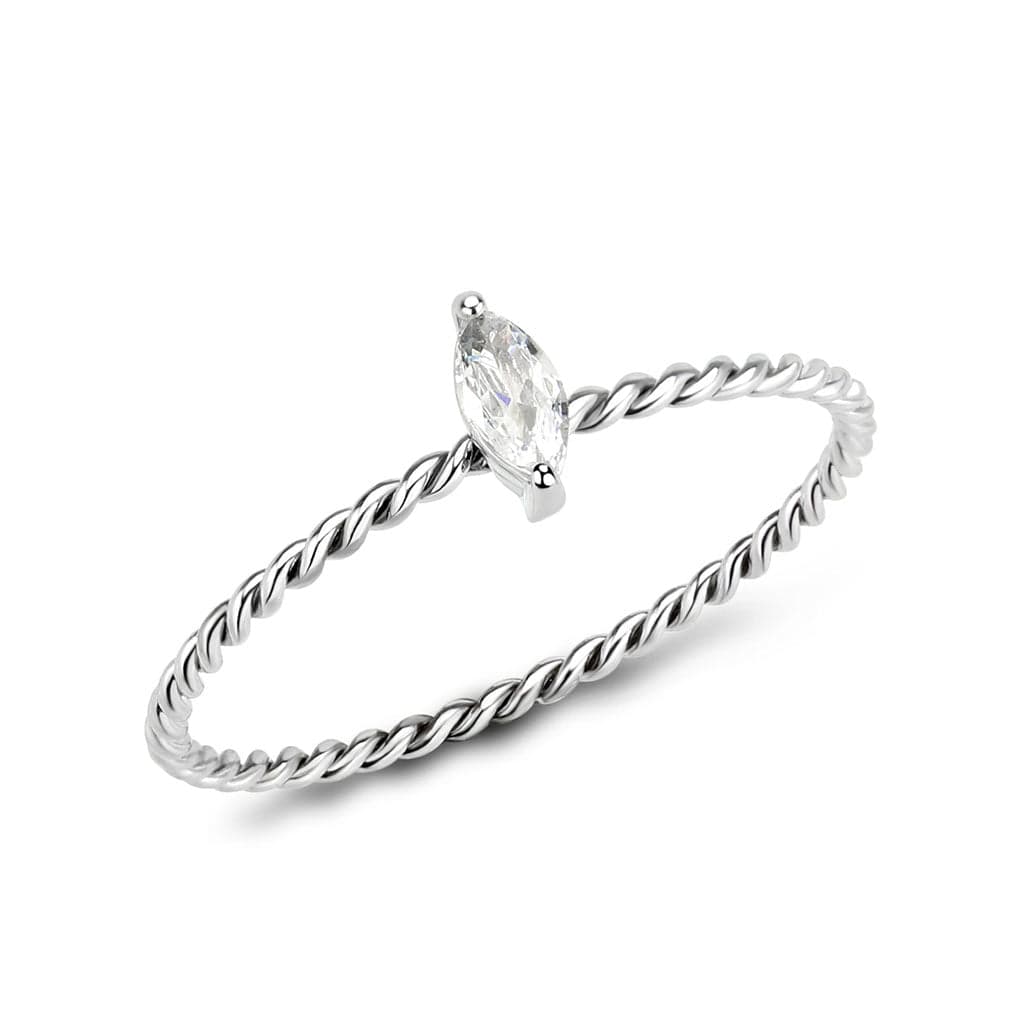 Stainless Steel Silver CZ Marquise Rope Twist Solitaire Ring