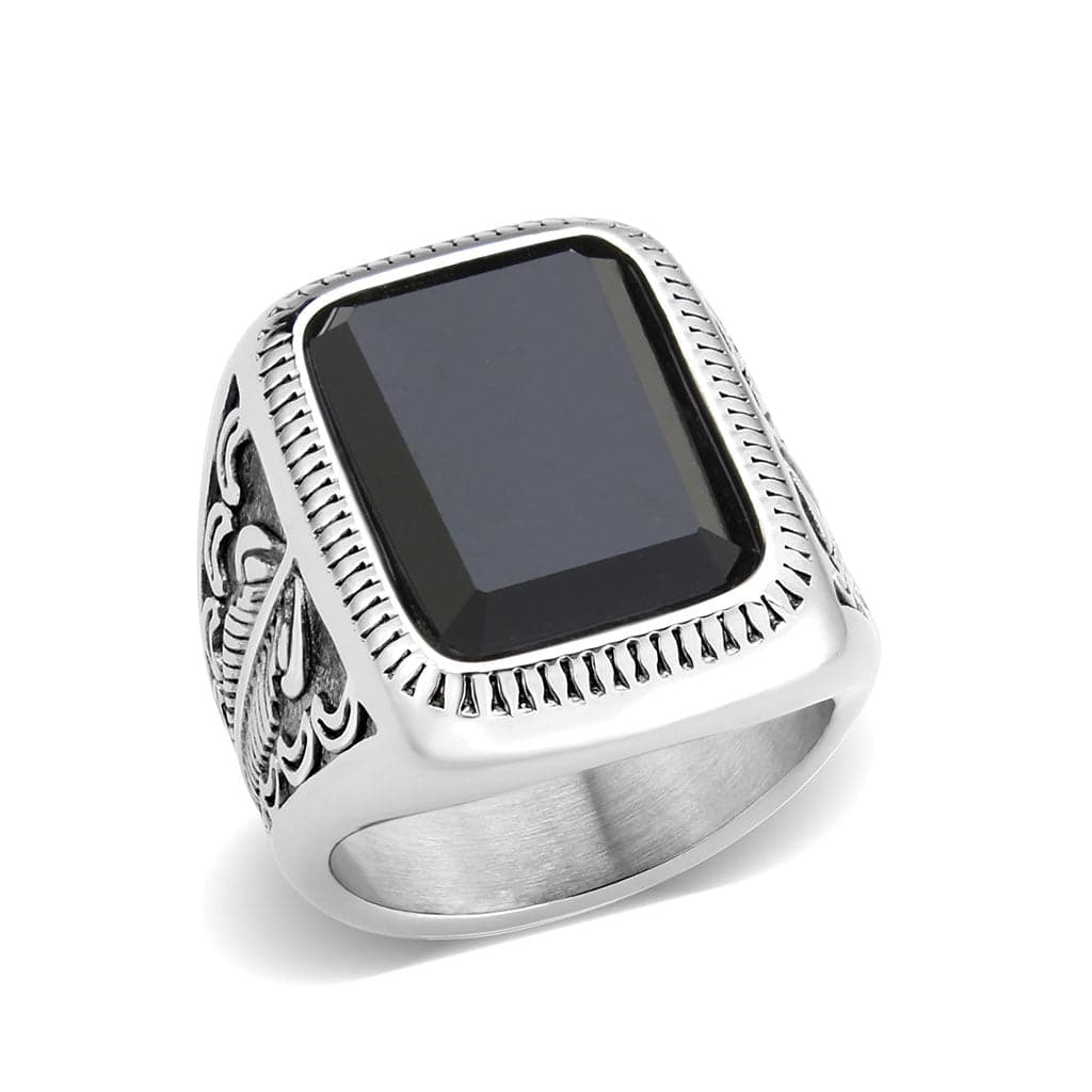 Stainless Steel Silver Black Onyx Rectangle Scroll Carved Ring