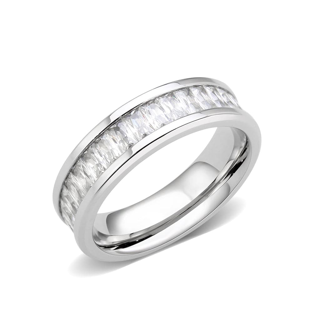 Stainless Steel Silver CZ Princess Channel Eternity Band Ring