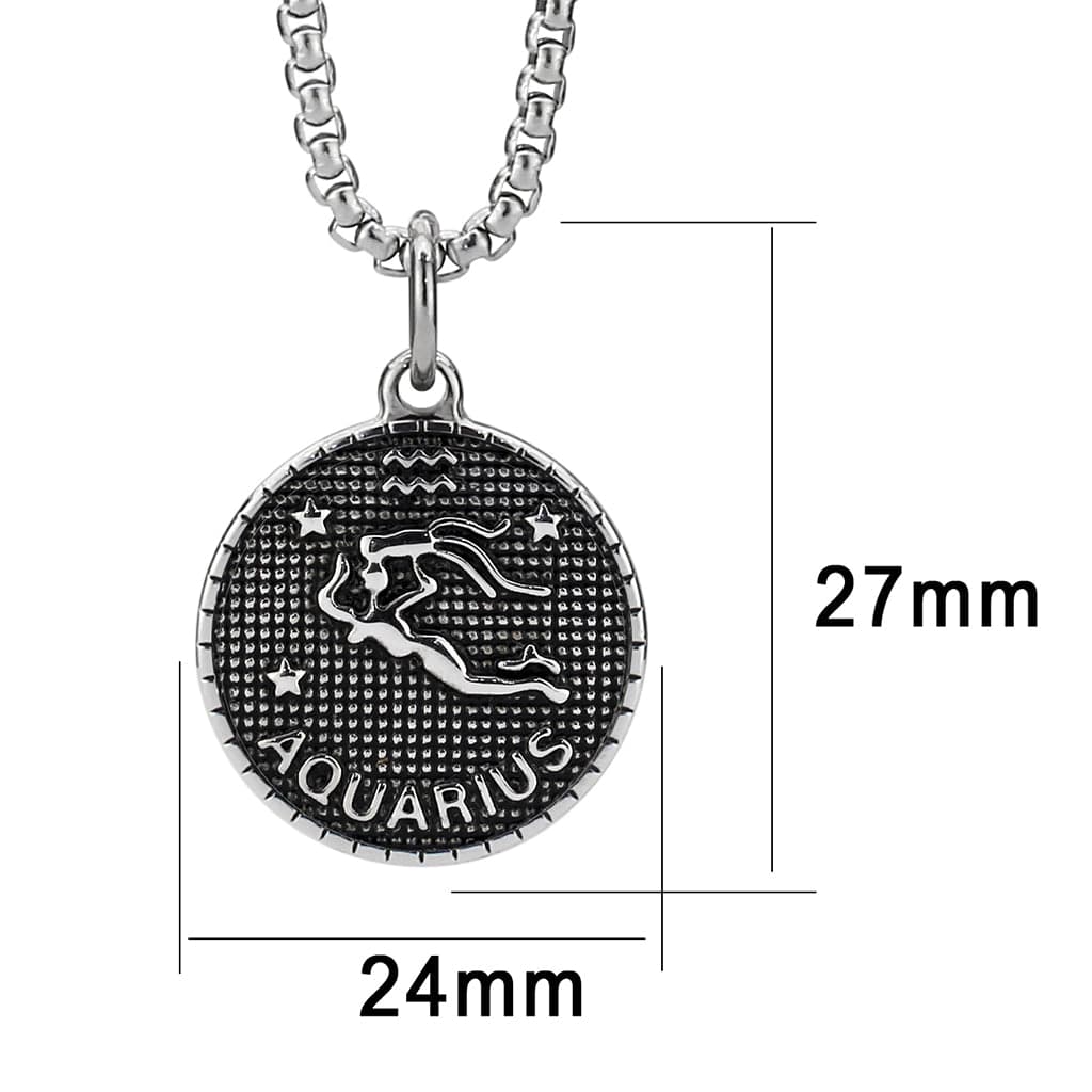 Stainless Steel Silver Aquarius Zodiac Coin Pendant Chain Pendant