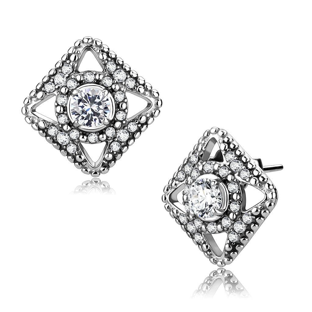Stainless Steel CZ Round Bezel Diamond Frame Stud Earrings