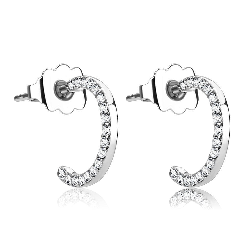 Stainless Steel CZ Pave C Hoop Stud Earrings