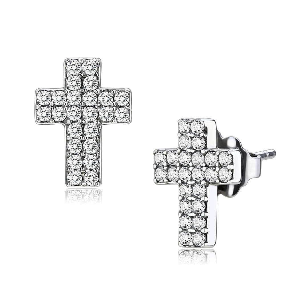 Stainless Steel CZ Pave Cross Stud Earrings