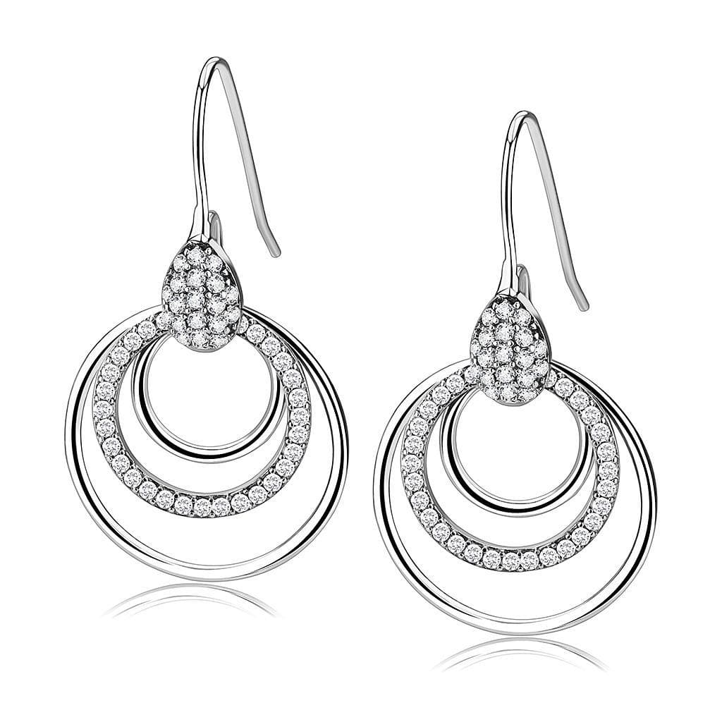 Stainless Steel CZ Pave Double Circle Drop Earrings