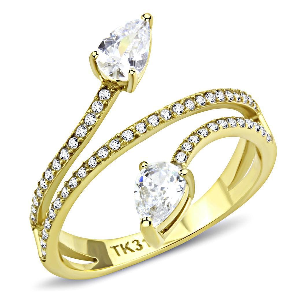 Stainless Steel Gold CZ Pear Round Pave Double Band Ring