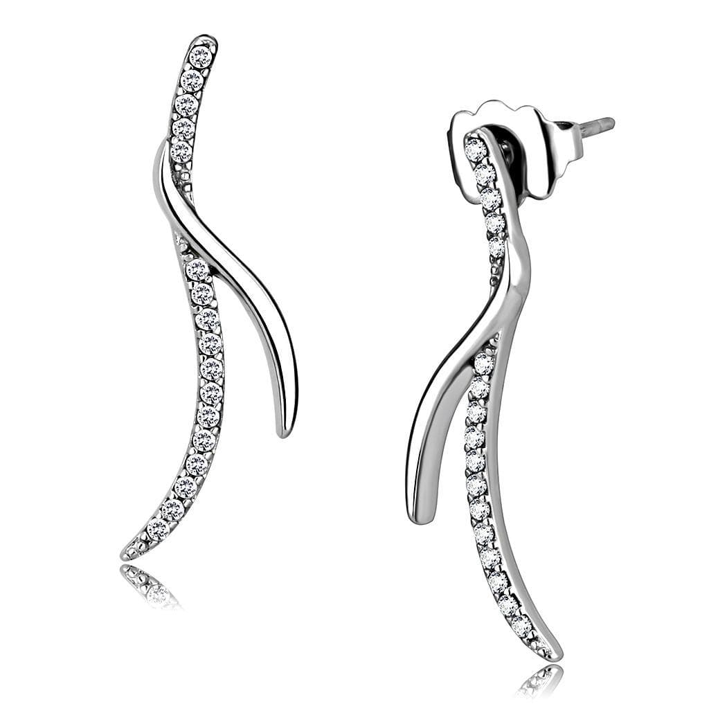 Stainless Steel CZ Pave S Curve Wave Climber Studs Earrings