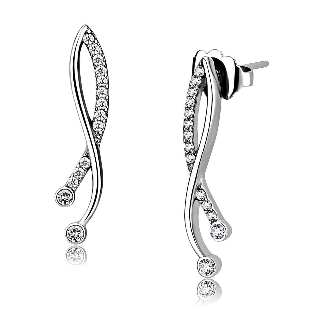 Stainless Steel CZ Pave Elongated S Curve Drop Earrings