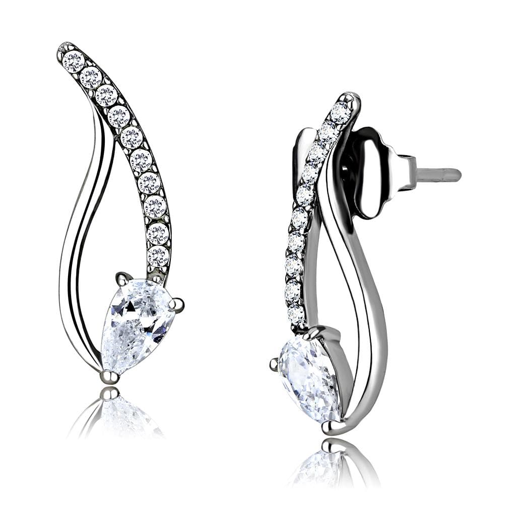 Stainless Steel CZ Pear Pave Wave Climber Studs Earrings