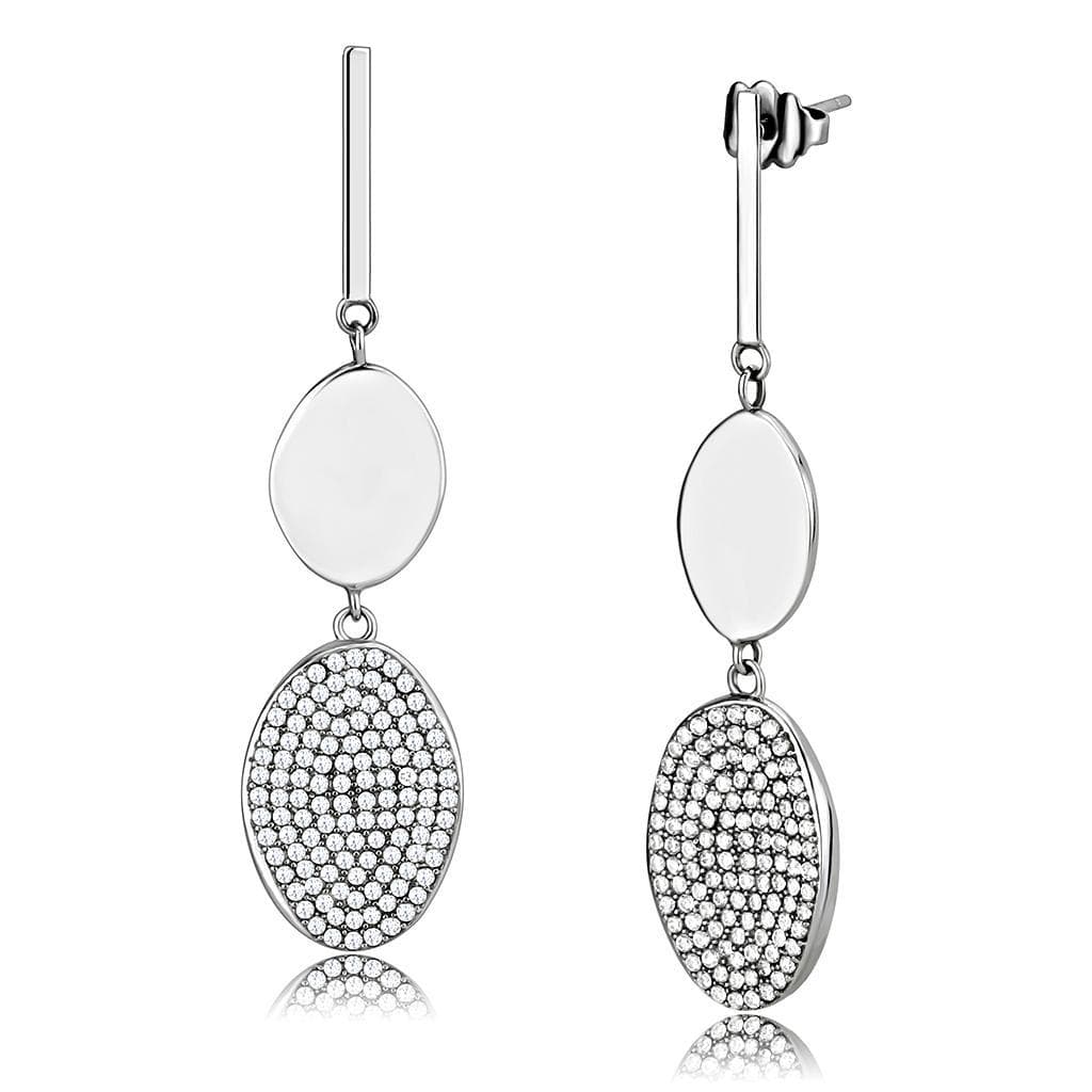 Stainless Steel CZ Pave Oval Disc Bar Drop Earrings