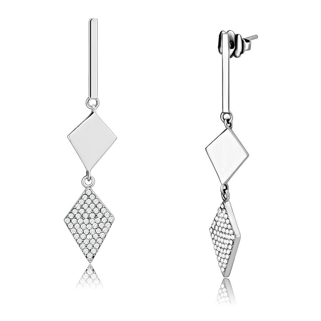 Stainless Steel CZ Pave Diamond Rhombus Bar Drop Earrings