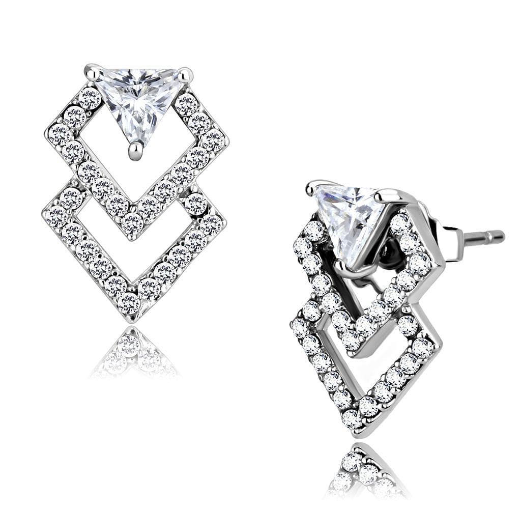 Stainless Steel CZ Trillion Pave Diamond Frame Studs Earrings