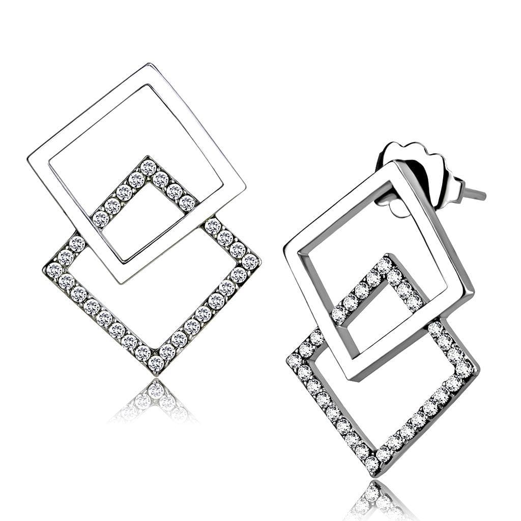 Stainless Steel CZ Pave Double Square Geometric Studs Earrings