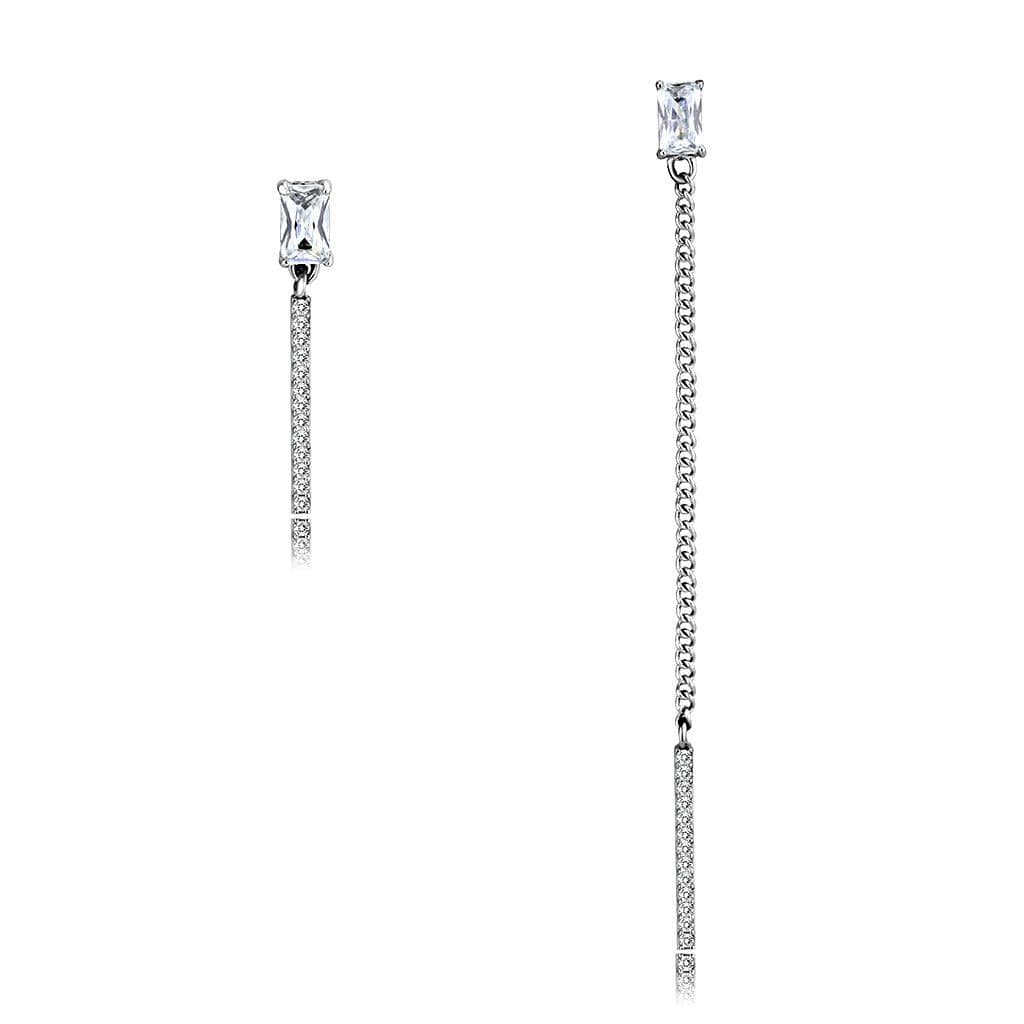 Stainless Steel CZ Princess Cut Pave Bar Long Drop Earrings