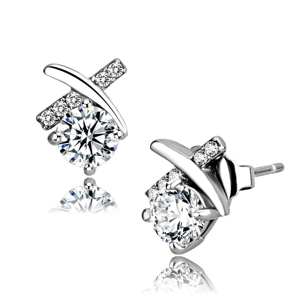 Stainless Steel CZ Round X Cross Prong Studs Earrings