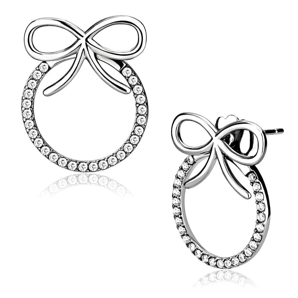 Stainless Steel CZ Pave Circle Bow Ribbon Drop Studs Ring