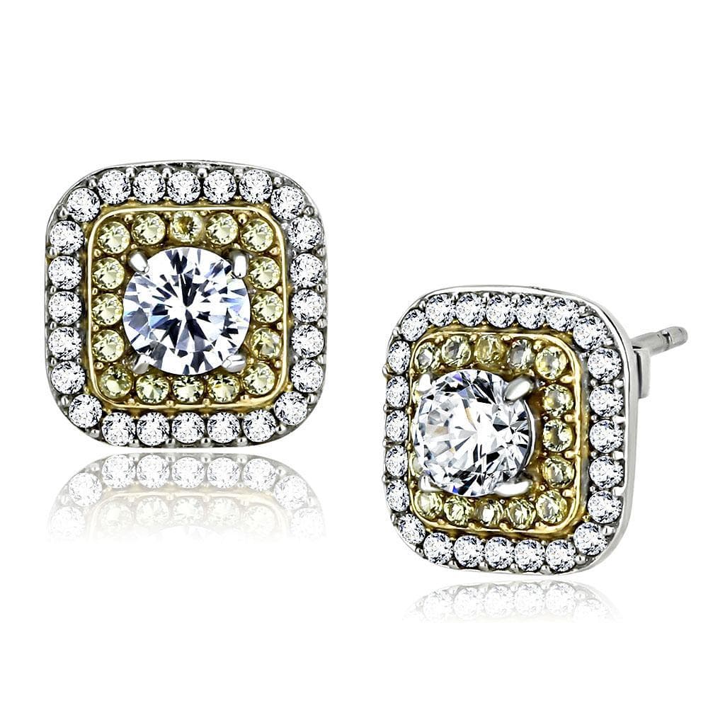 Stainless Steel Two Tone Gold CZ Square Cushion Halo Earrings