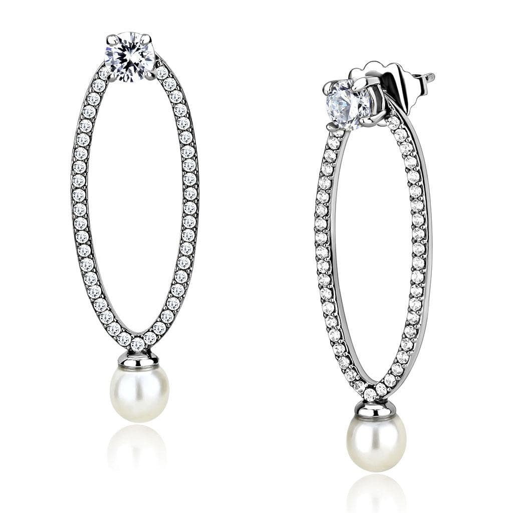 Stainless Steel CZ Pave Open Marquise Pearl Drop Earrings