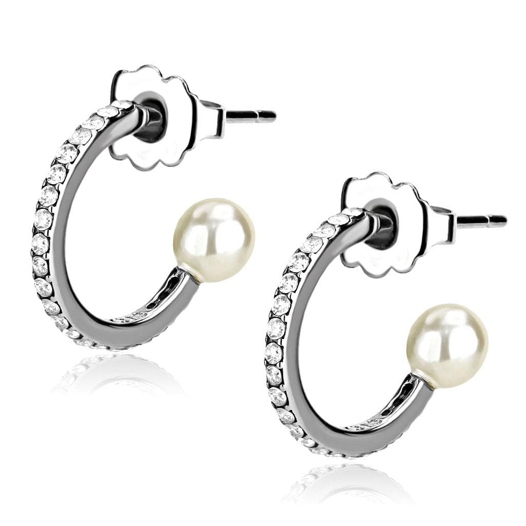 Stainless Steel CZ Pave Huggie Hoop Pearl Earrings
