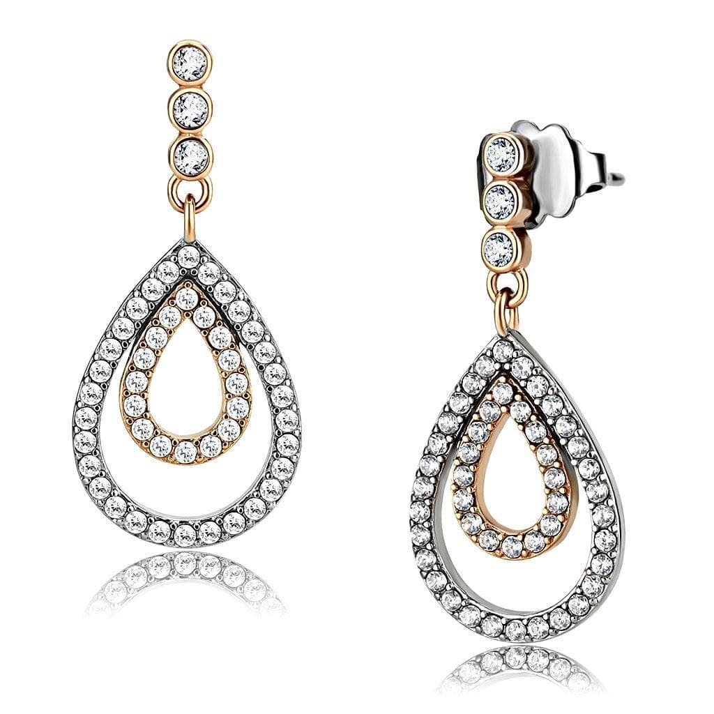 Stainless Steel Two Tone Gold CZ Pave Double Teardrop Earrings