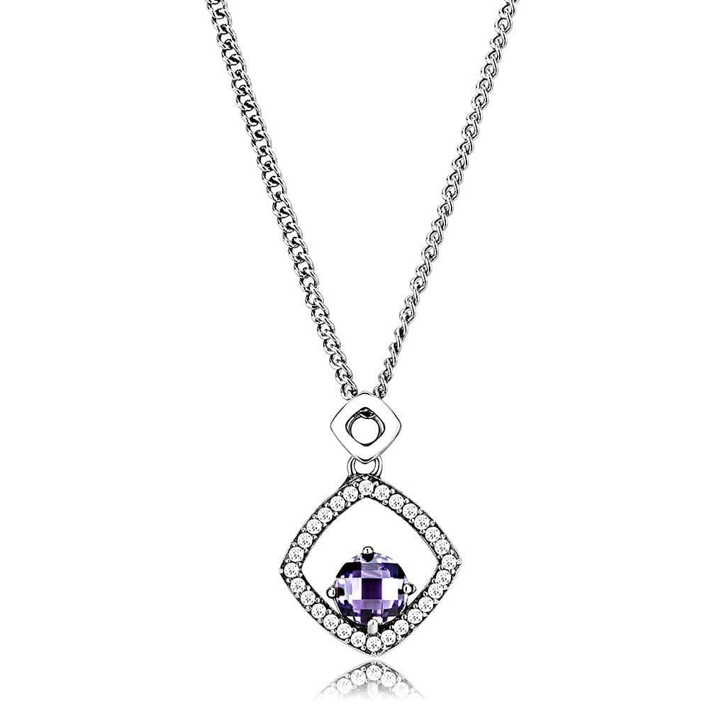 Stainless Steel Purple Amethyst CZ Pave Diamond Frame Pendant