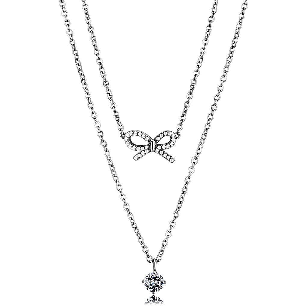 Stainless Steel CZ Round Solitaire Double Chain Layered Necklace