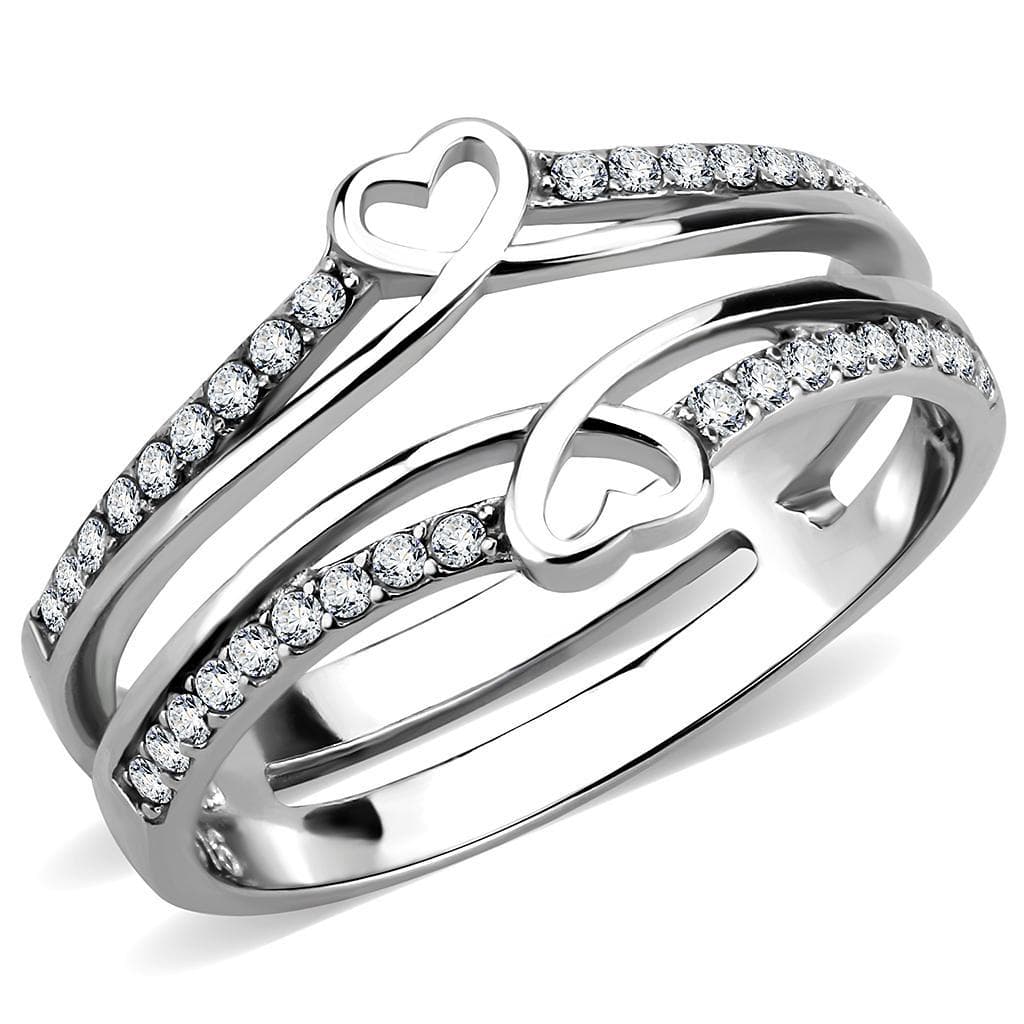 Stainless Steel CZ Pave Heart Triple Band Stack Ring