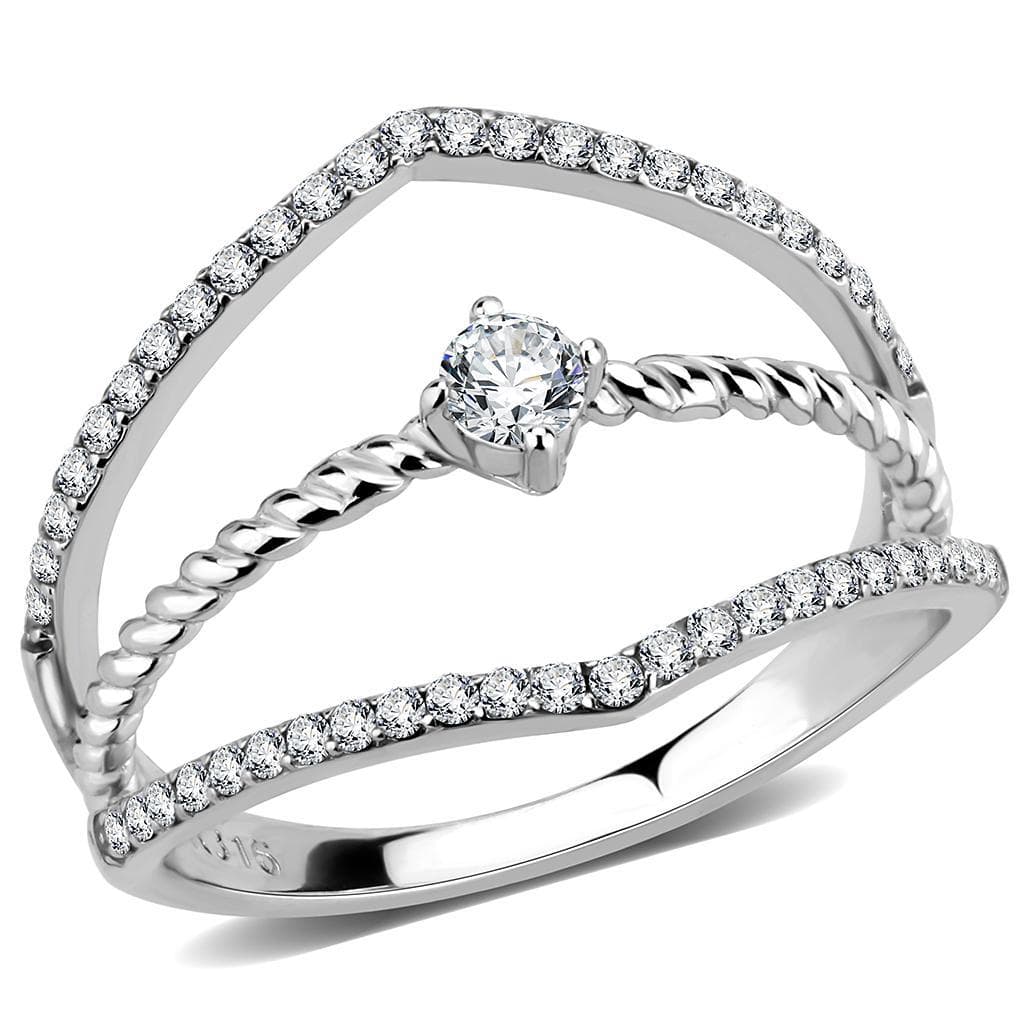 Stainless Steel CZ Round Pave V Chevron Rope Double Band Ring