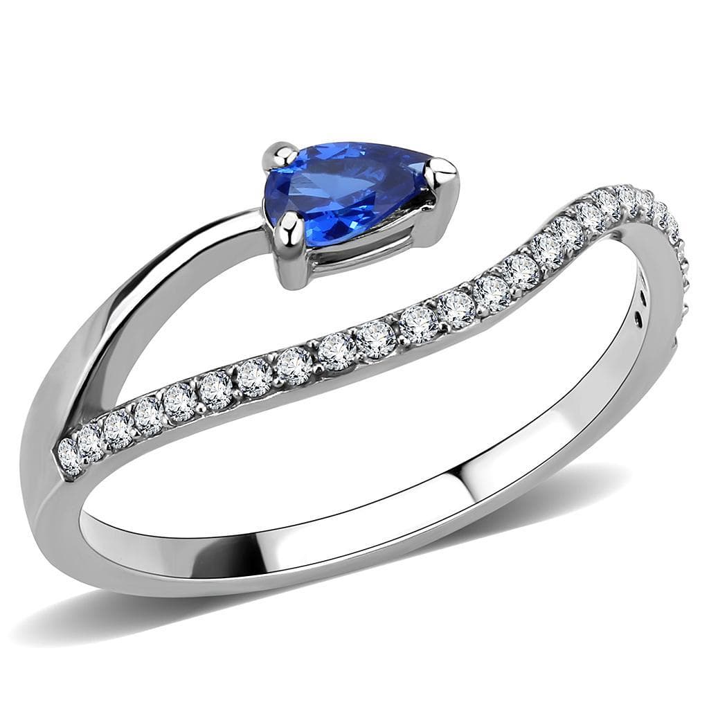 Stainless Steel Blue Sapphire Pear CZ Slim Pave Solitaire Ring