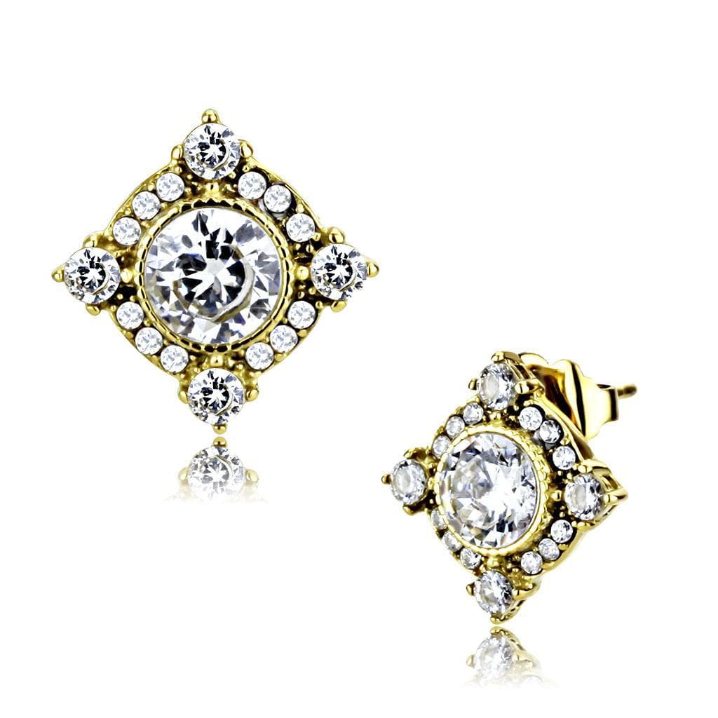 Stainless Steel Gold CZ Round Pave Diamond Frame Ornate Earrings