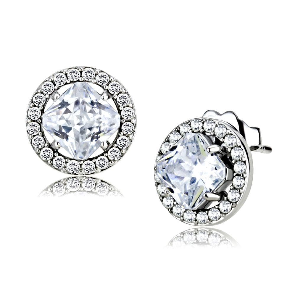 Stainless Steel CZ Round Pave Halo Classic Studs Earrings