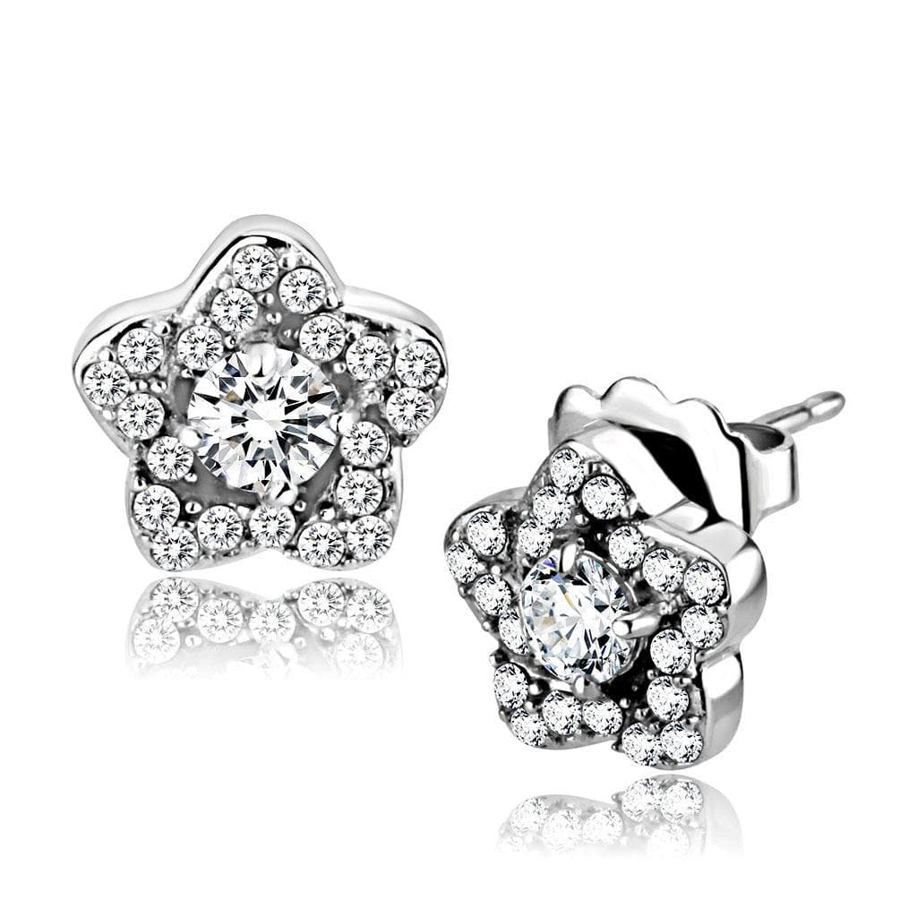 Stainless Steel CZ Round Pave Flower Cluster Studs Ring