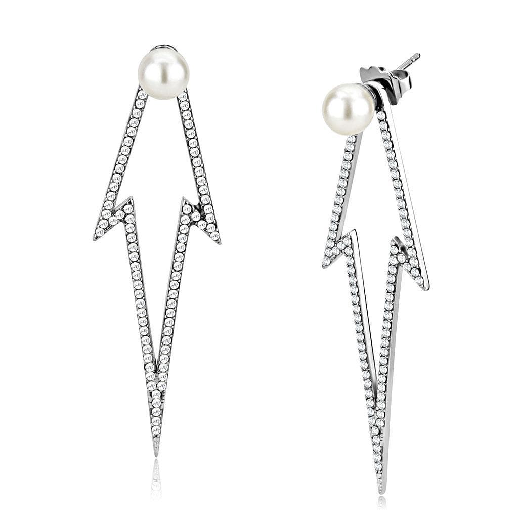 Stainless Steel Pearl CZ Pave Lightning Bolt Drop Studs Earrings