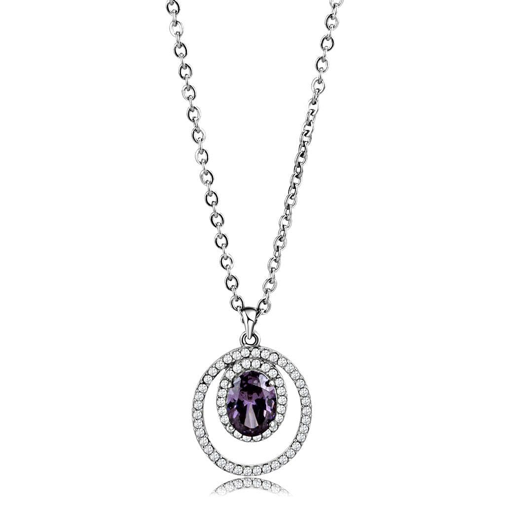 Stainless Steel Purple Amethyst Oval Pave Double Circle Pendant