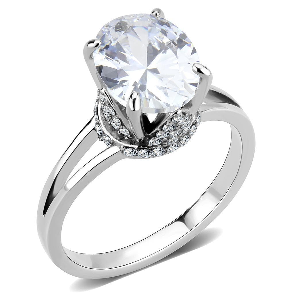 Stainless Steel CZ Oval Pave Halo Classic Solitaire Ring