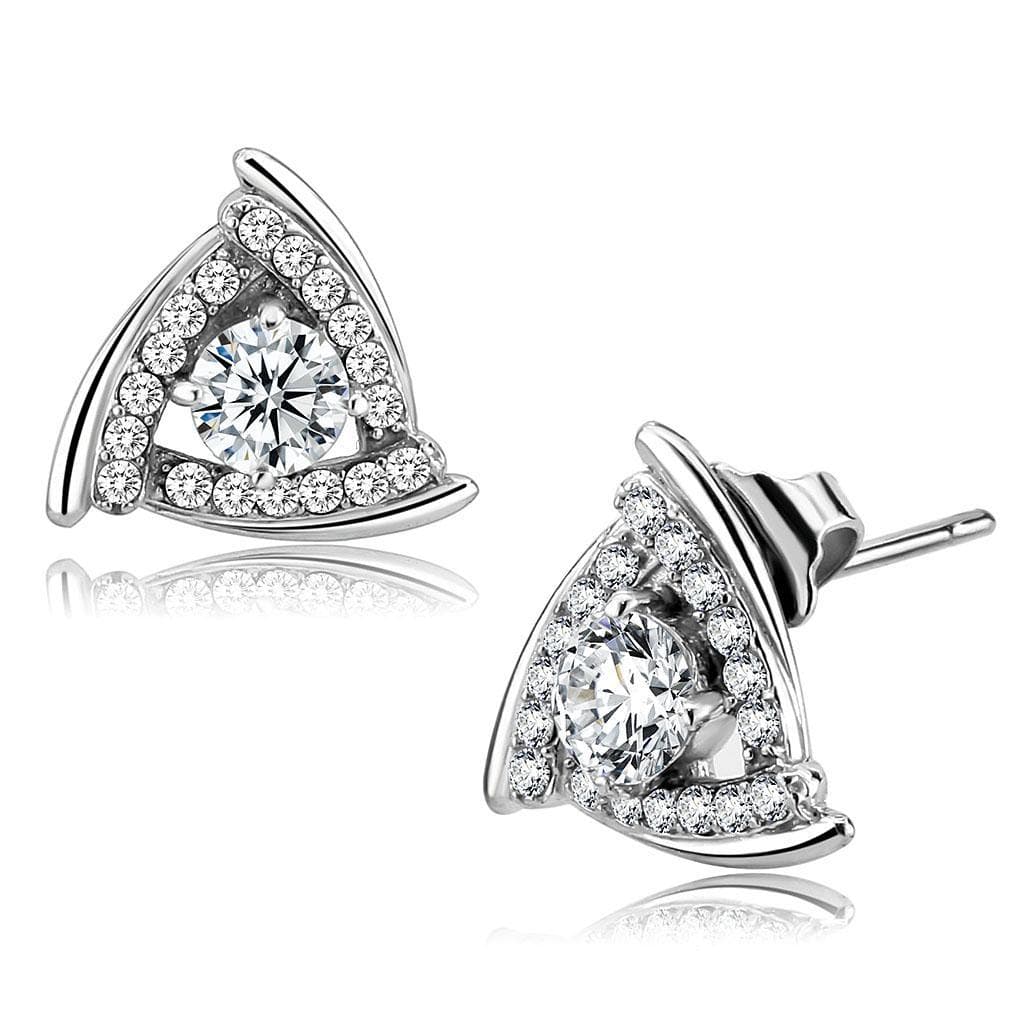 Stainless Steel CZ Trillion Pave Twisted Trefoil Studs Earrings