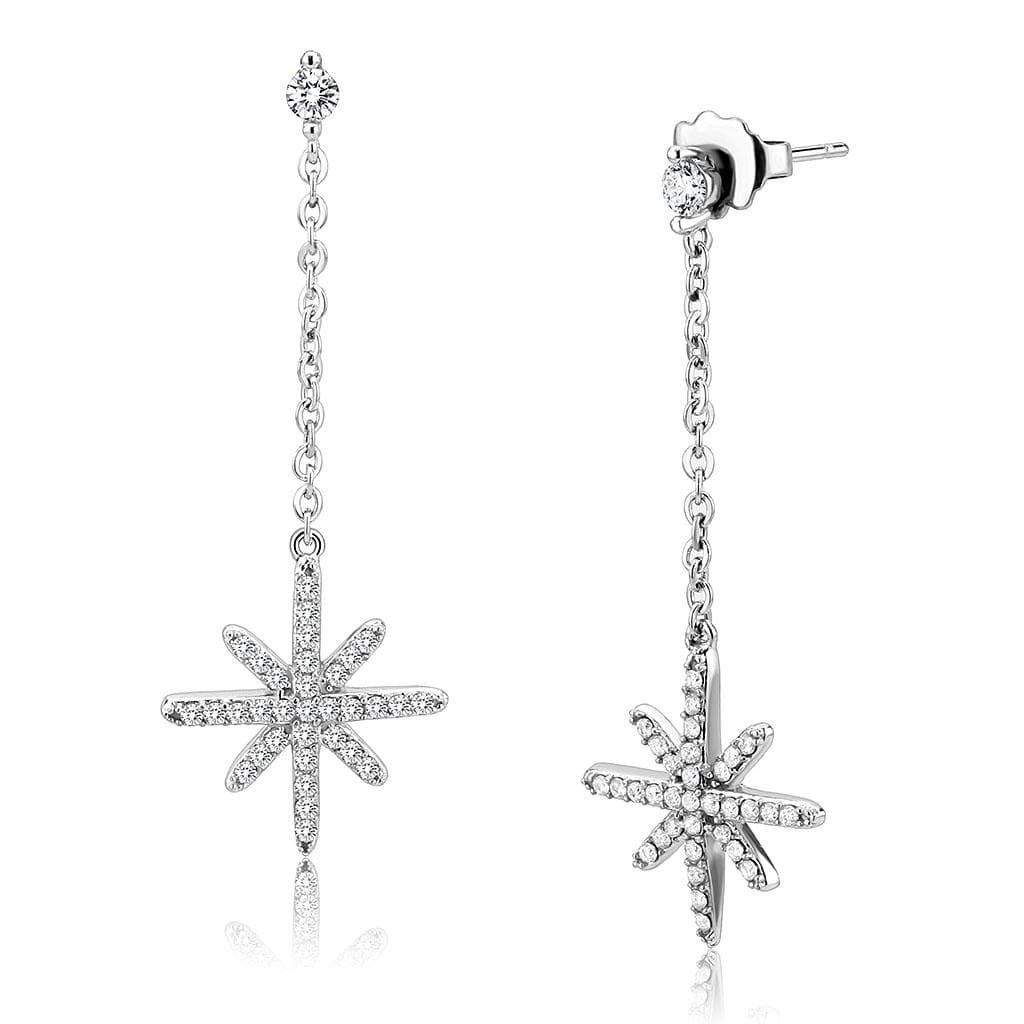 Stainless Steel CZ Pave Starburst Chain Long Drop Earrings