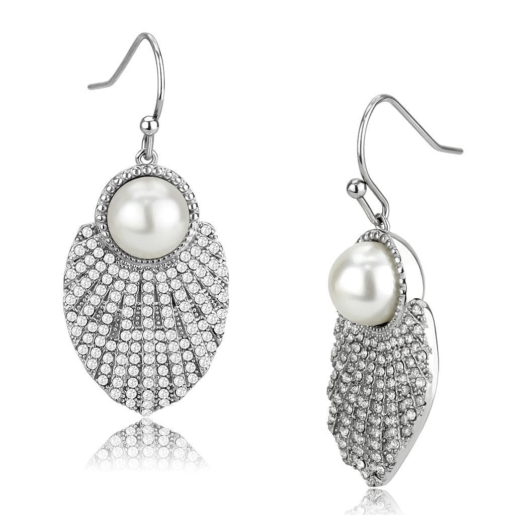 Stainless Steel Pearl CZ Pave Seashell Fan Dangle Drop Earrings