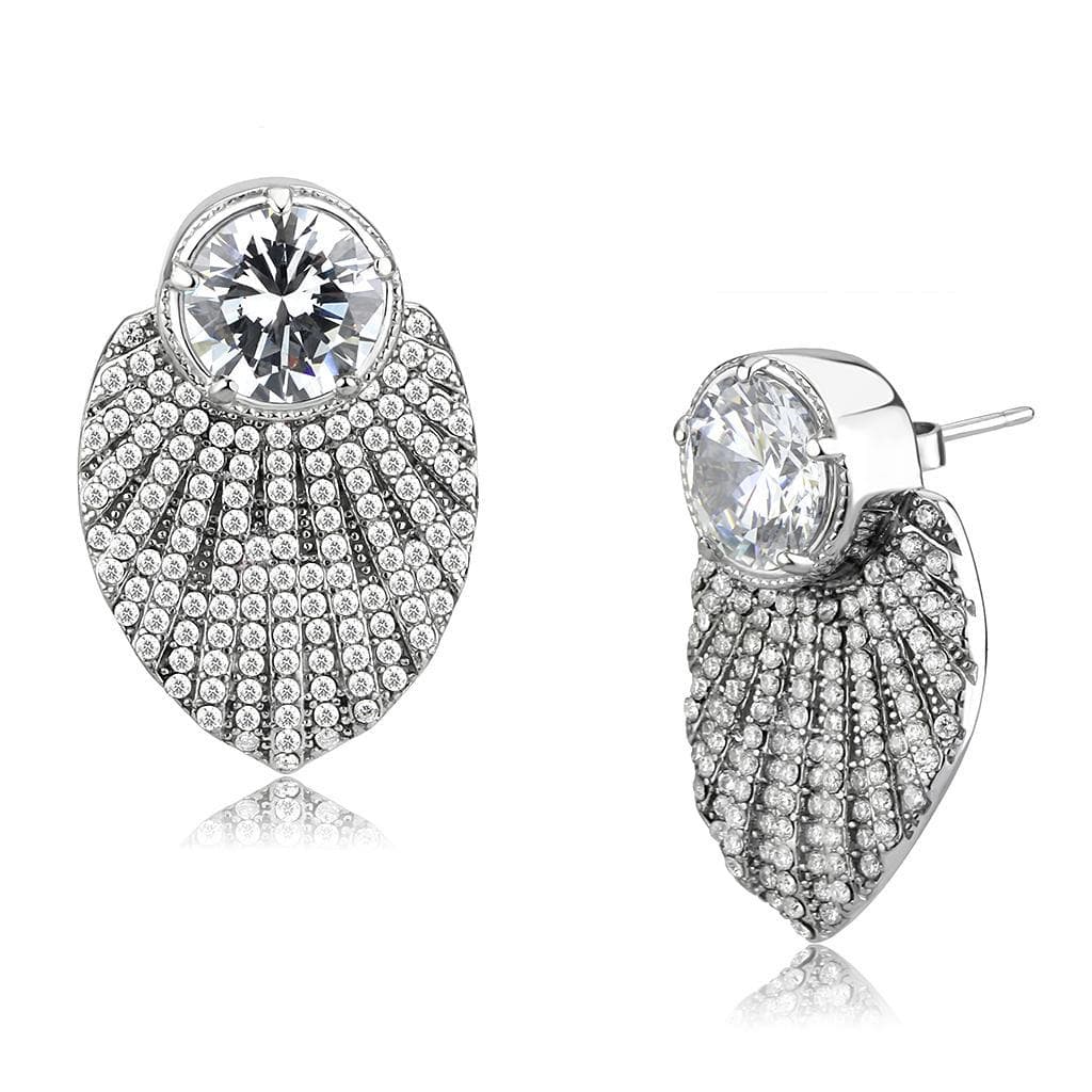 Stainless Steel CZ Round Pave Art Deco Fan Shell Studs Earrings