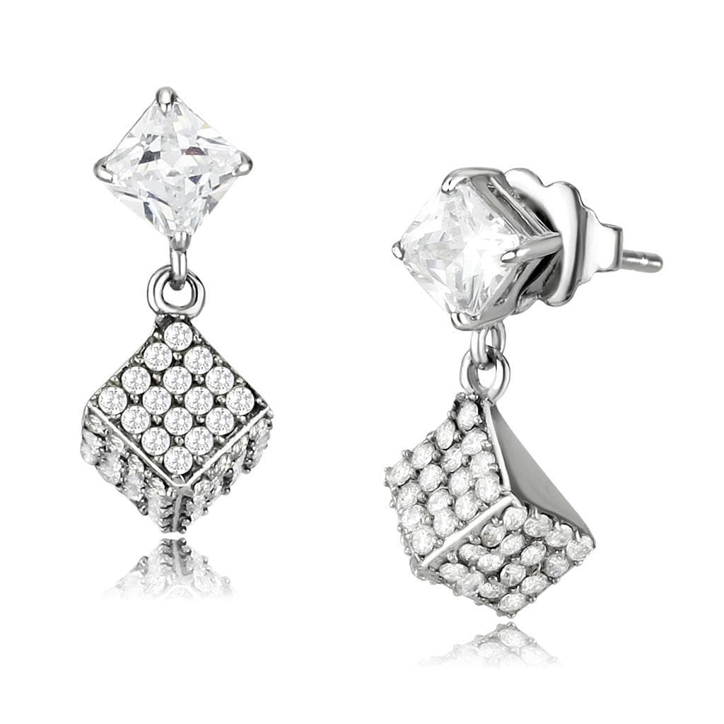 Stainless Steel CZ Princess Cut Pave Cube Diamond Drop Earrings