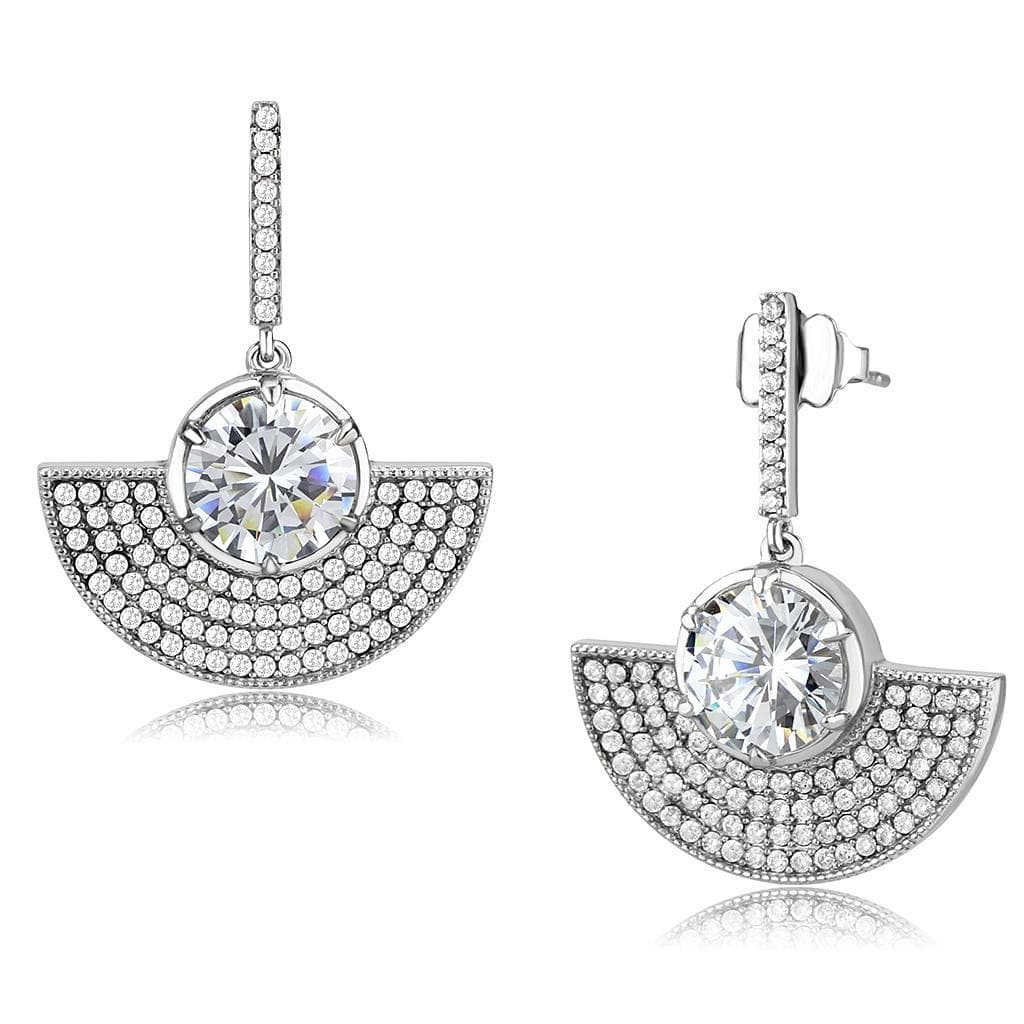 Stainless Steel CZ Round Pave Half Moon Fan Dangle Drop Earrings