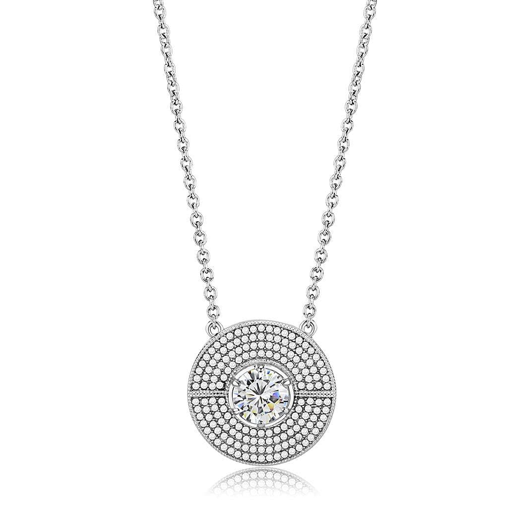 Stainless Steel CZ Round Pave Concentric Circle Pendant Necklace