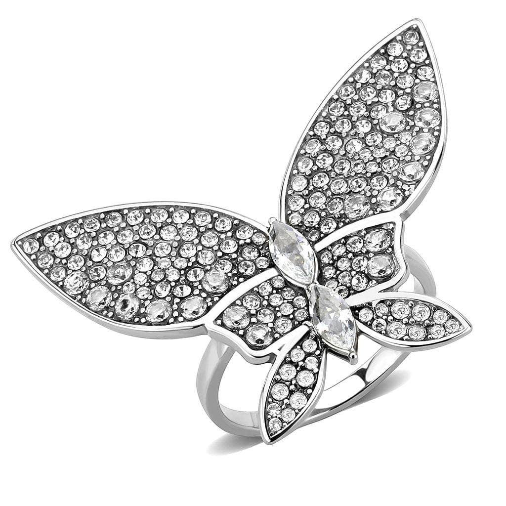 Stainless Steel CZ Pave Butterfly Wing Cocktail Ring