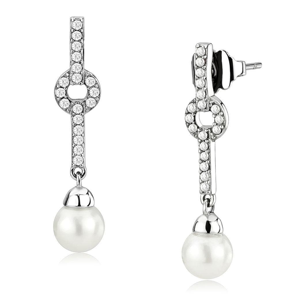 Stainless Steel Pearl CZ Pave Bar Link Dangle Drop Earrings