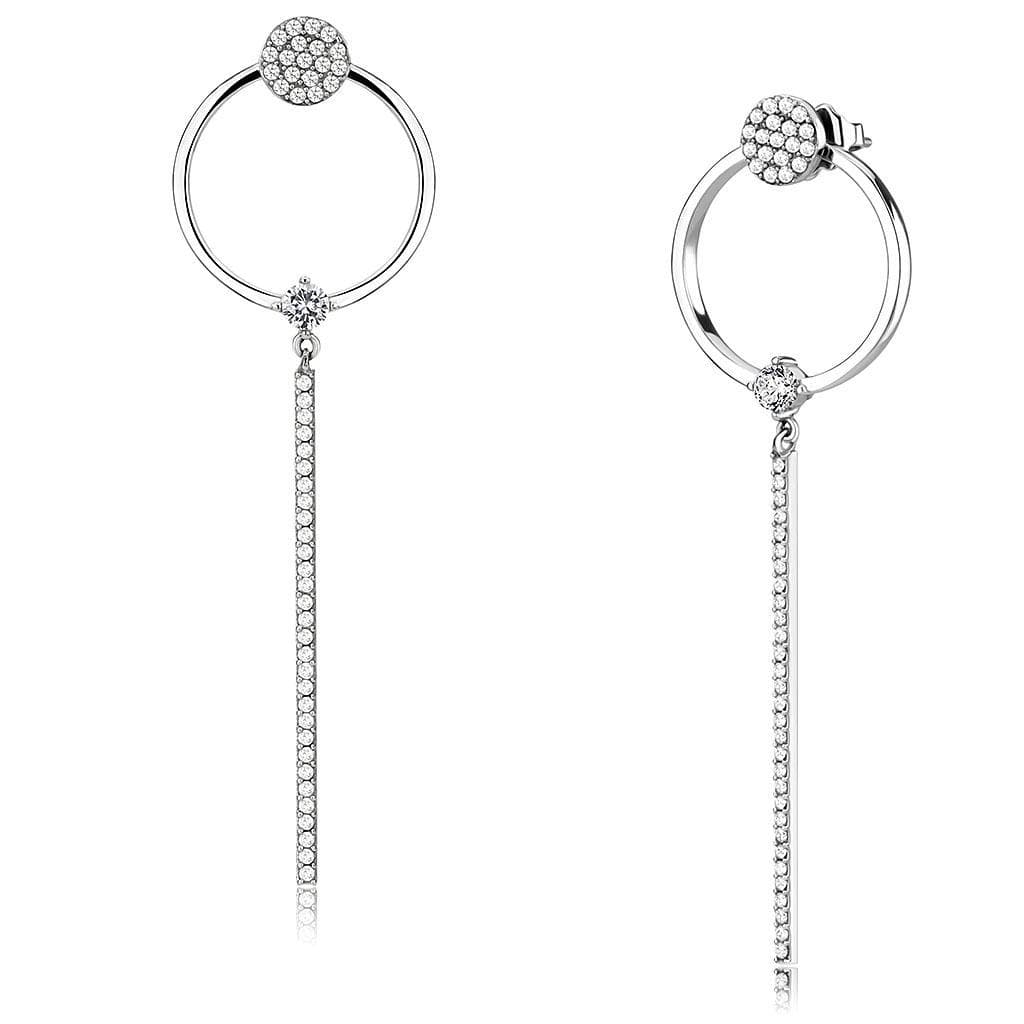 Stainless Steel CZ Pave Ball Circle Bar Long Drop Earrings