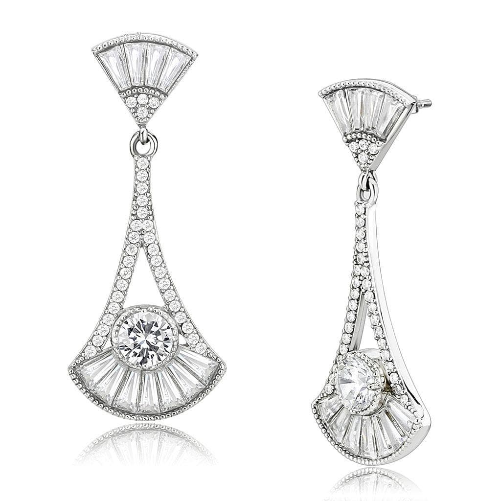 Stainless Steel CZ Round Baguette Art Deco Fan Triangle Earrings
