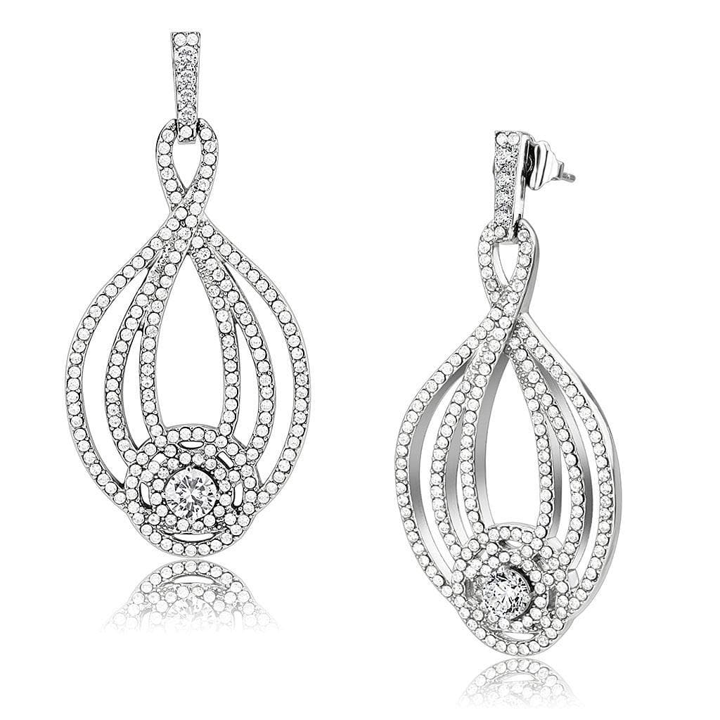 Stainless Steel CZ Round Pave Double Teardrop Chandelier Earrings