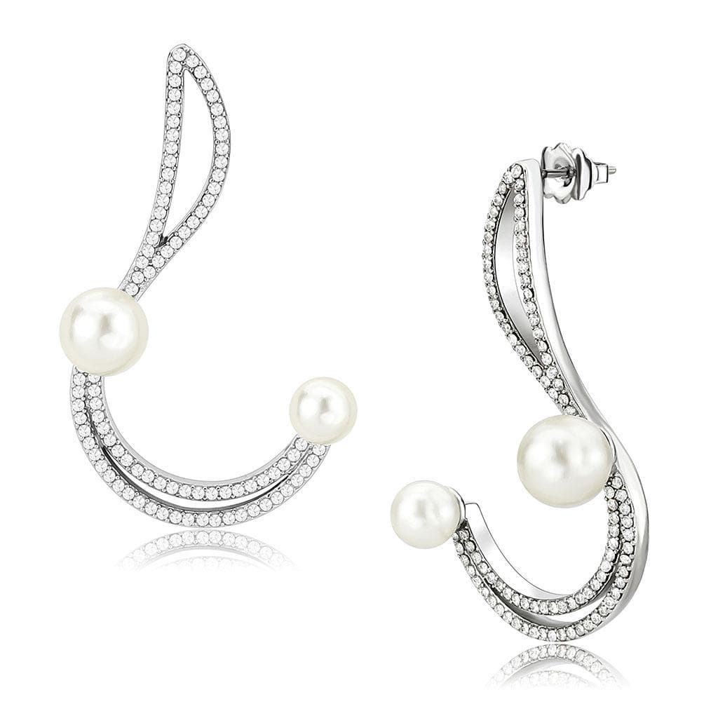 Stainless Steel Pearl CZ Pave Double Wave Curve Ear Jacket Ring