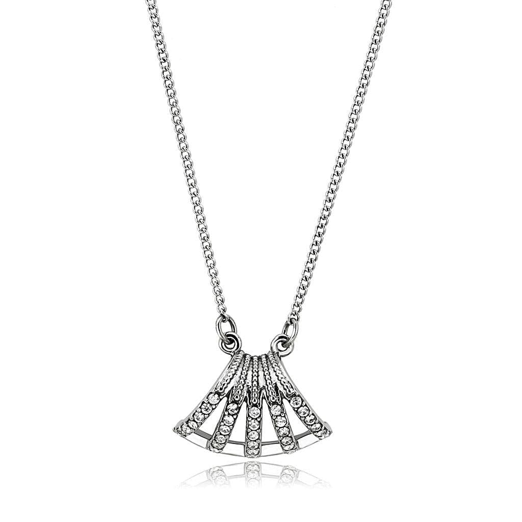 Stainless Steel CZ Pave Fan Shell Pendant Necklace