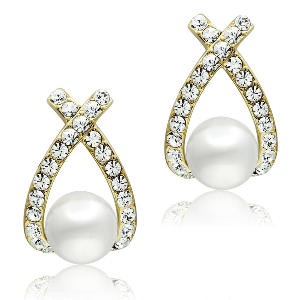 Brass Gold Pearl CZ Pave X Crossover Studs Earrings