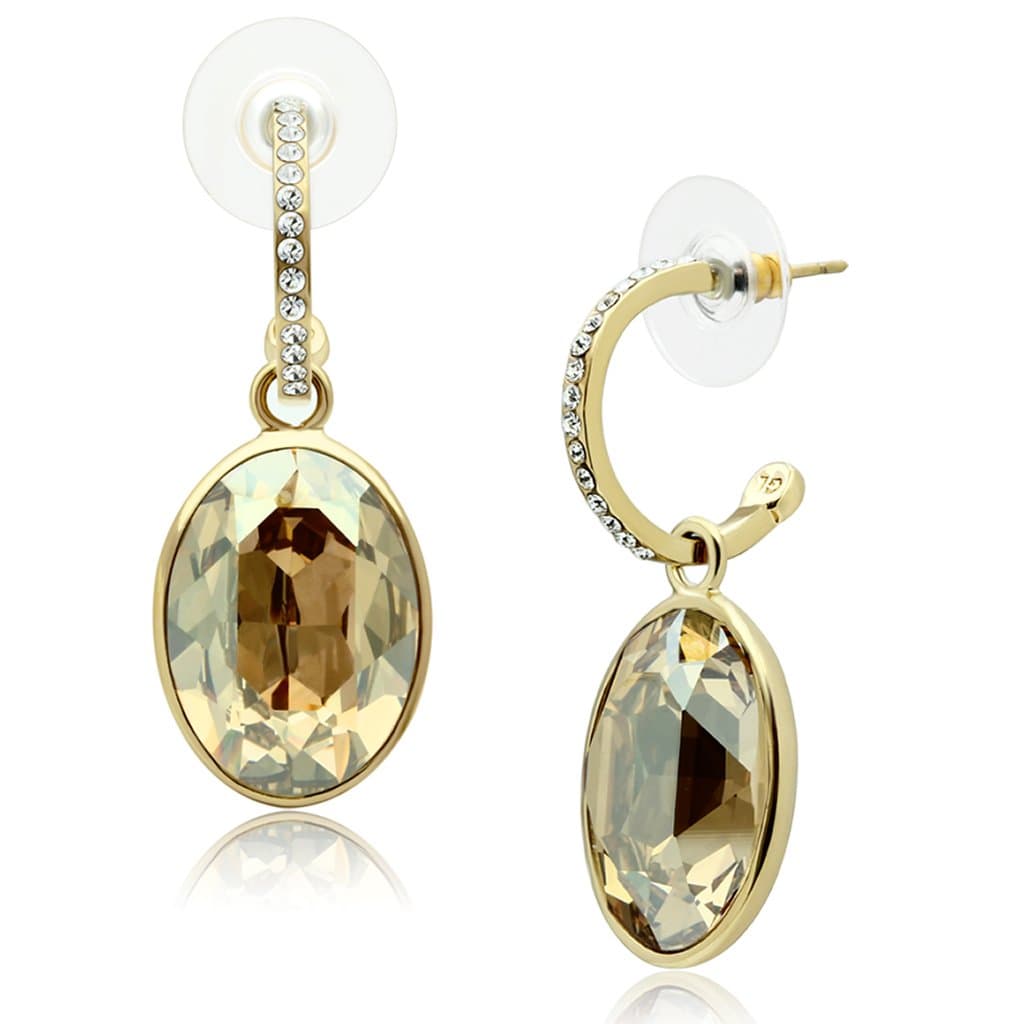 Brass Gold Champagne CZ Oval Huggie Hoop Drop Earrings